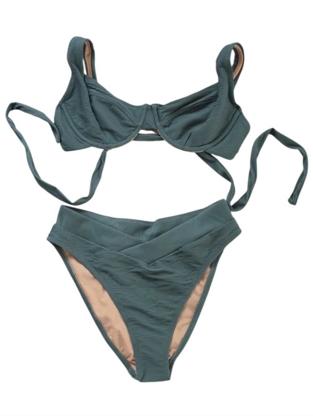 NWOT J. Crew Teal Ribbed Underwire Bikini Set with Crossover Waistband - Picture 1 of 6